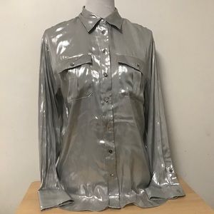 Lauren Ralph Lauren Silver Shimmer Button Blouse